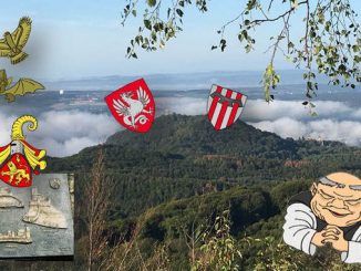 Drachenfels, Löwenburg and coat of arms. Heraldic animals dragons and lions.